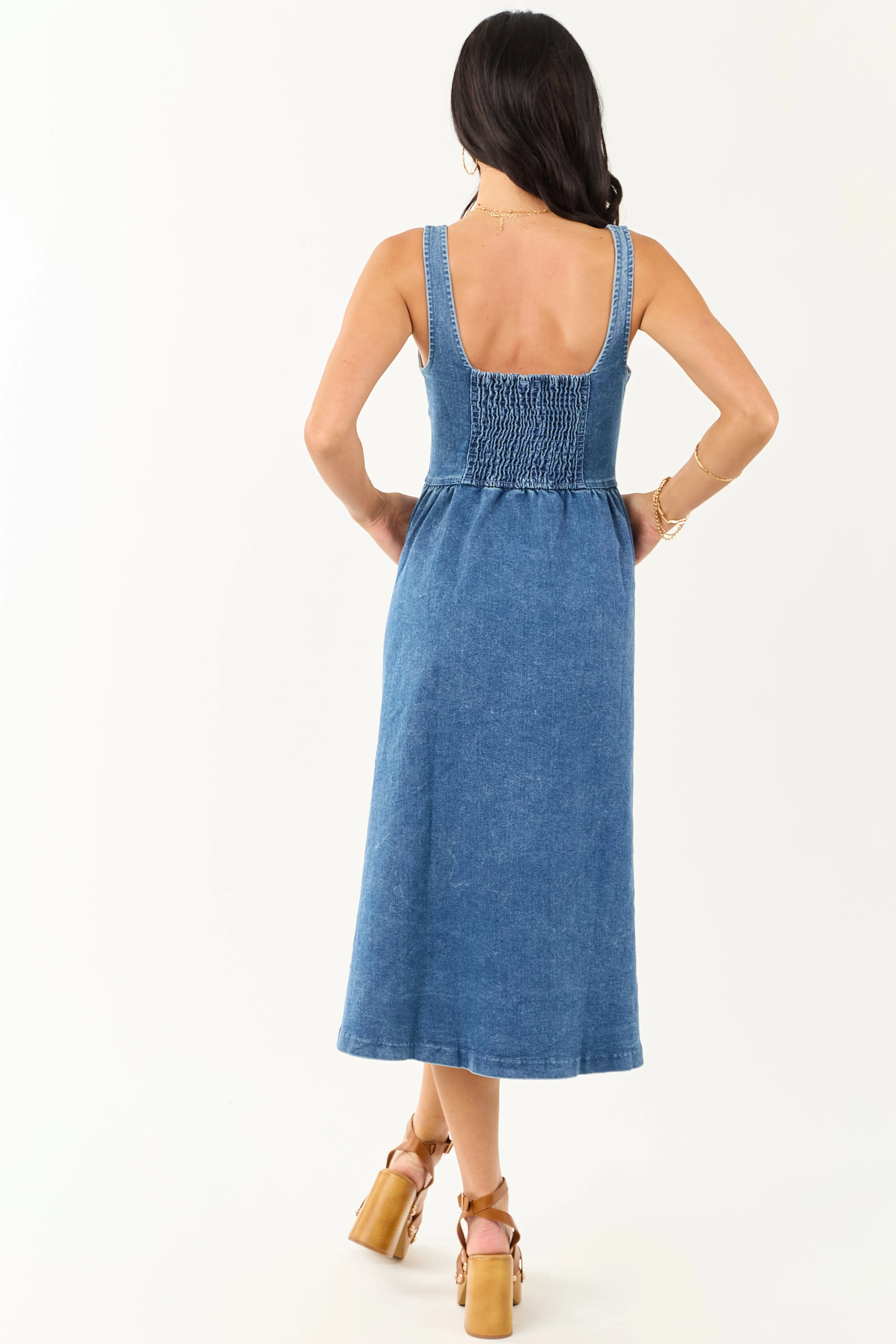 Medium Wash Button Down Sleeveless Denim Midi Dress sold by Lime Lush product image thumbnail 5
