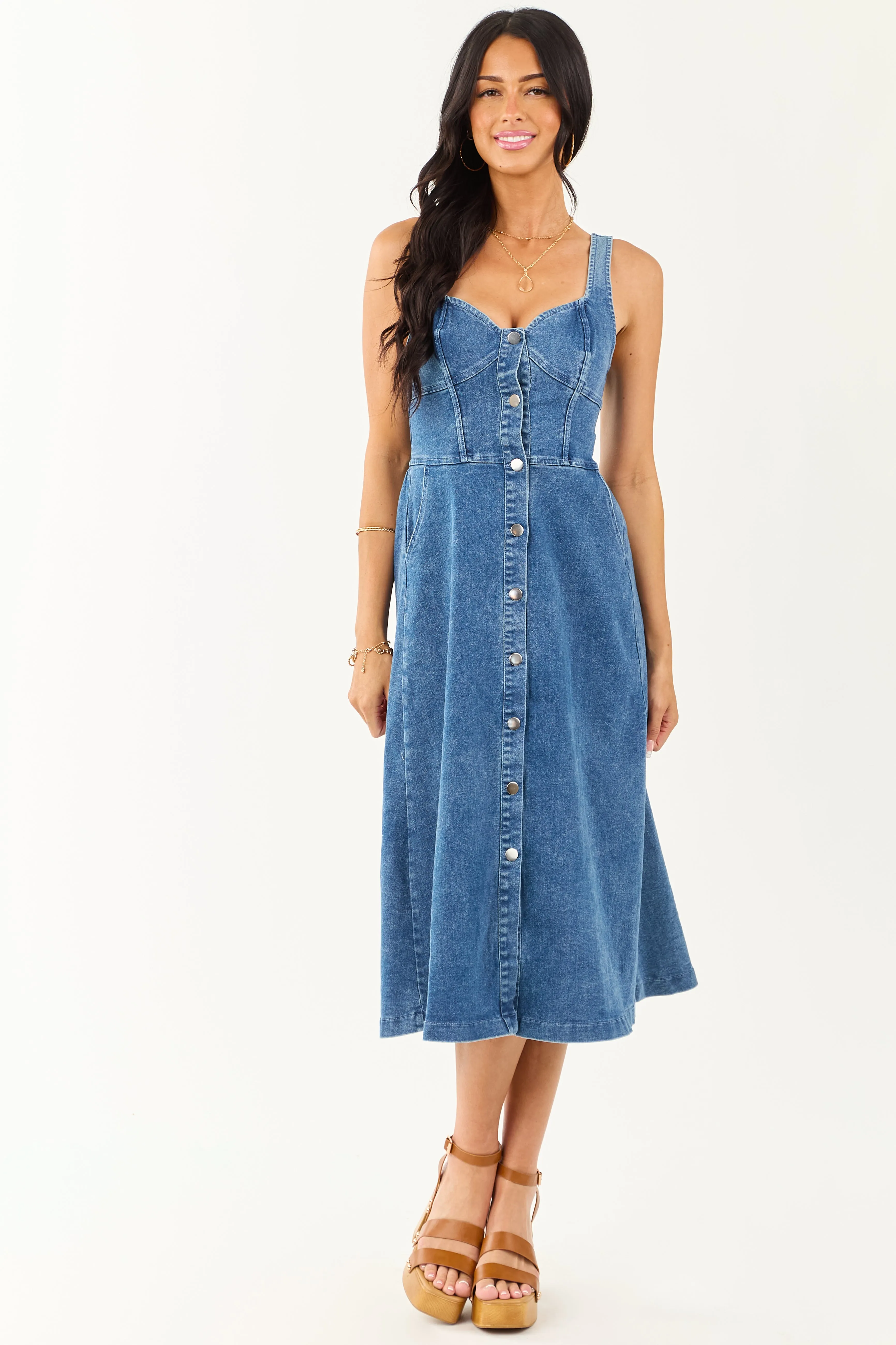 Medium Wash Button Down Sleeveless Denim Midi Dress sold by Lime Lush product image thumbnail 2