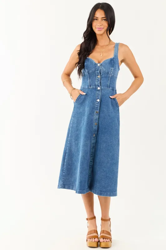 Medium Wash Button Down Sleeveless Denim Midi Dress made by Timing