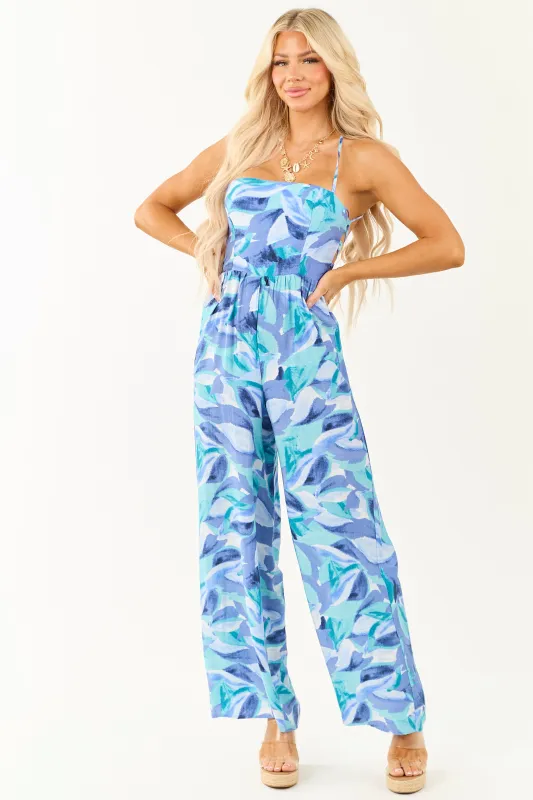 Dusty Blue Tropical Print Wide Leg Lace Up Back Jumpsuit sold by Lime Lush