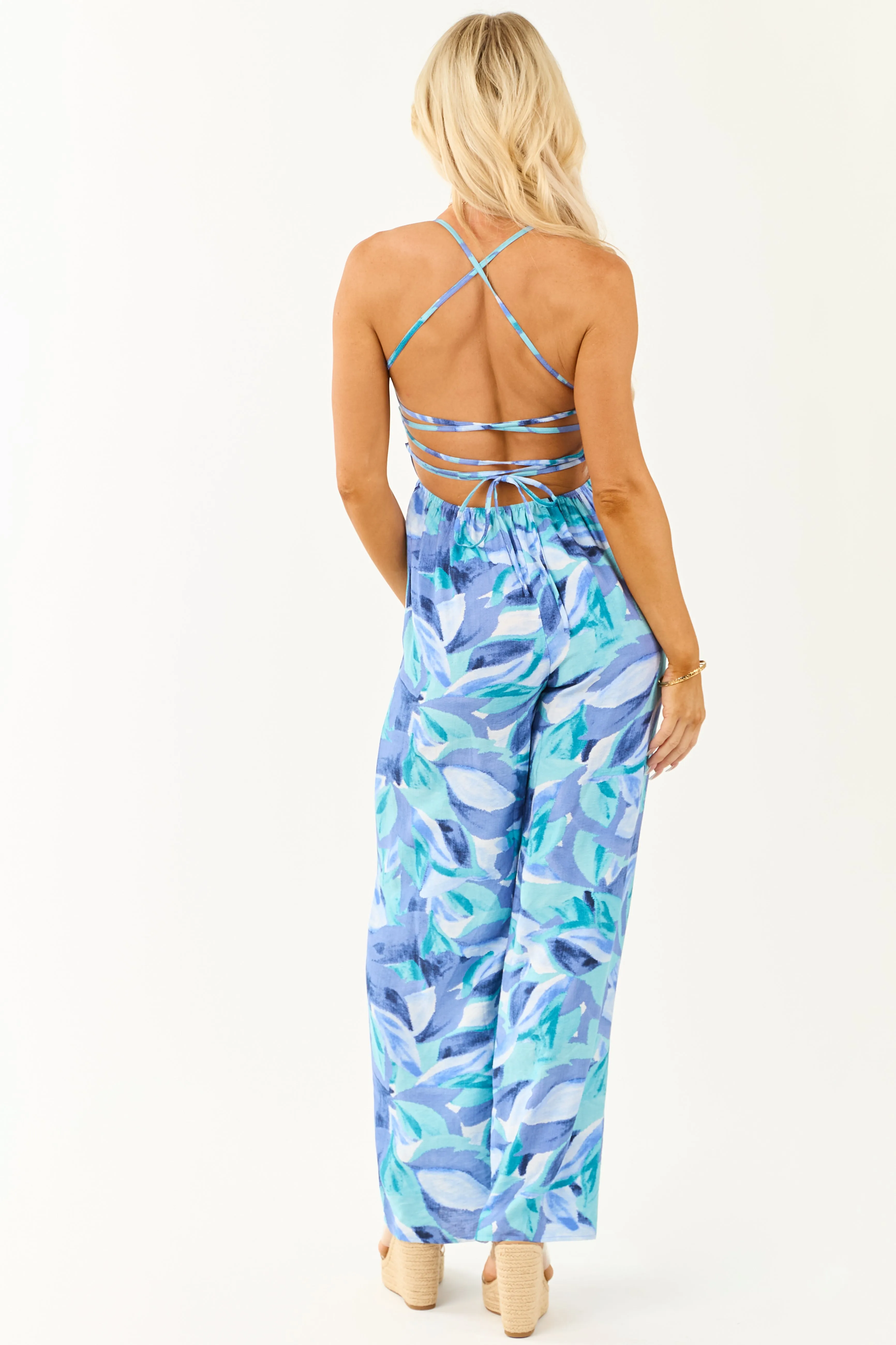 Dusty Blue Tropical Print Wide Leg Lace Up Back Jumpsuit sold by Lime Lush product image thumbnail 5