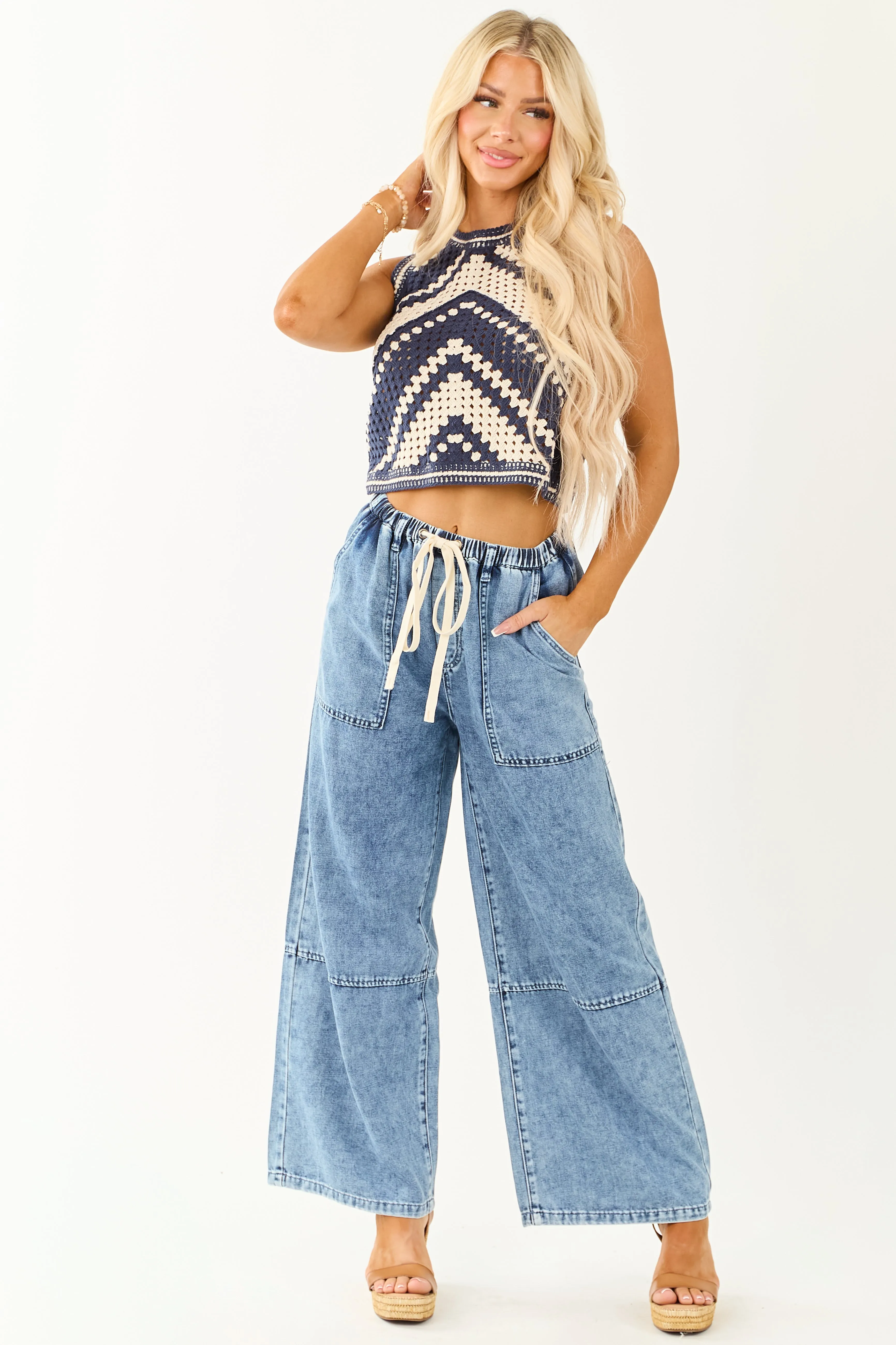 Navy and Cream Chevron Crochet Crop Tank Top sold by Lime Lush product image thumbnail 3