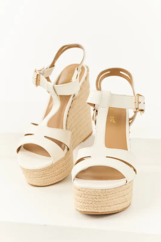 White Cut Out T Strap Espadrille Platform Wedges sold by Lime Lush