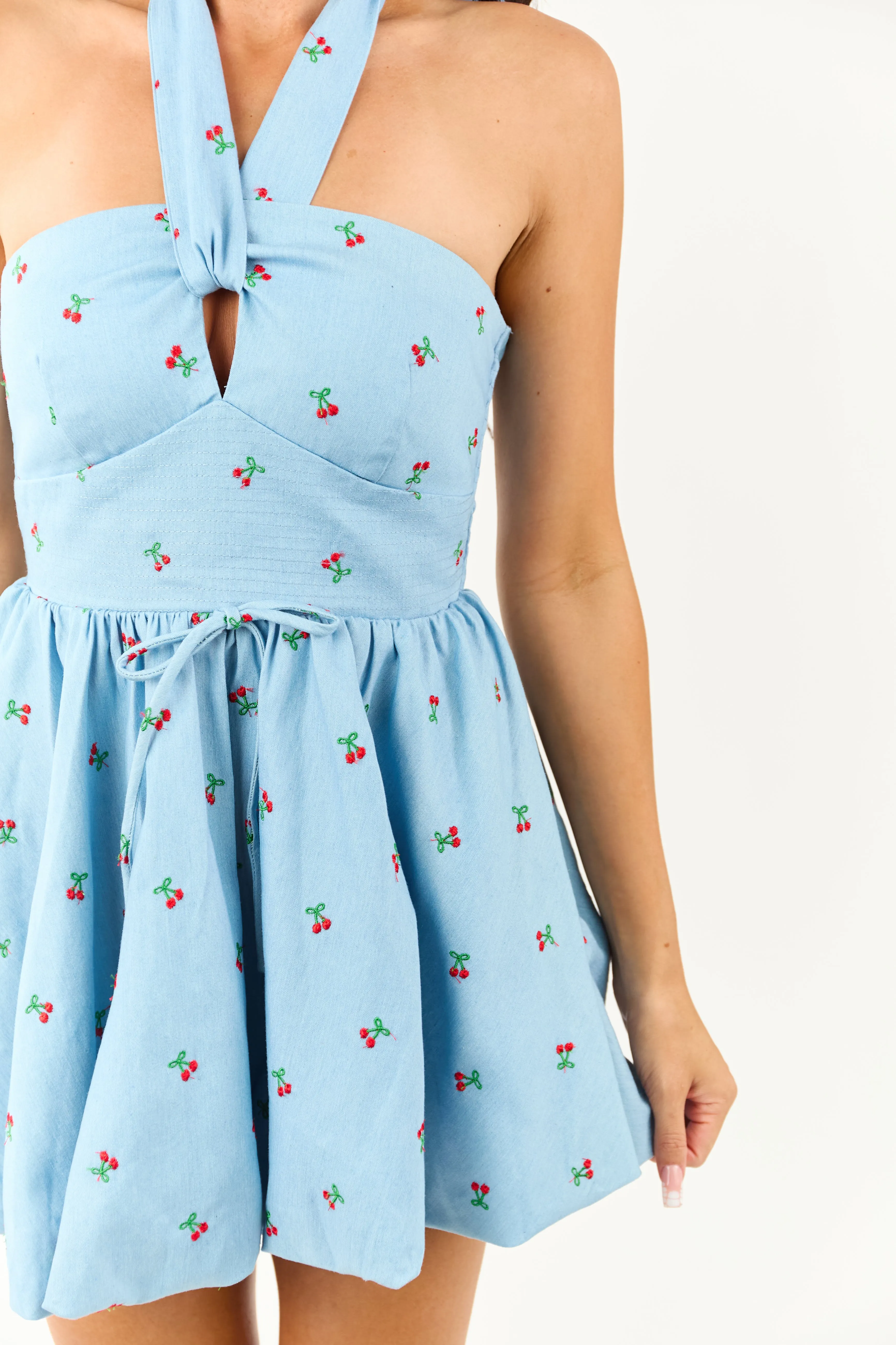 Light Wash Chambray Cherry Embroidered Mini Dress sold by Lime Lush product image thumbnail 2