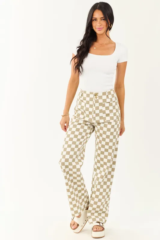 Olive and Ivory Checkered Denim Wide Leg Pants sold by Lime Lush