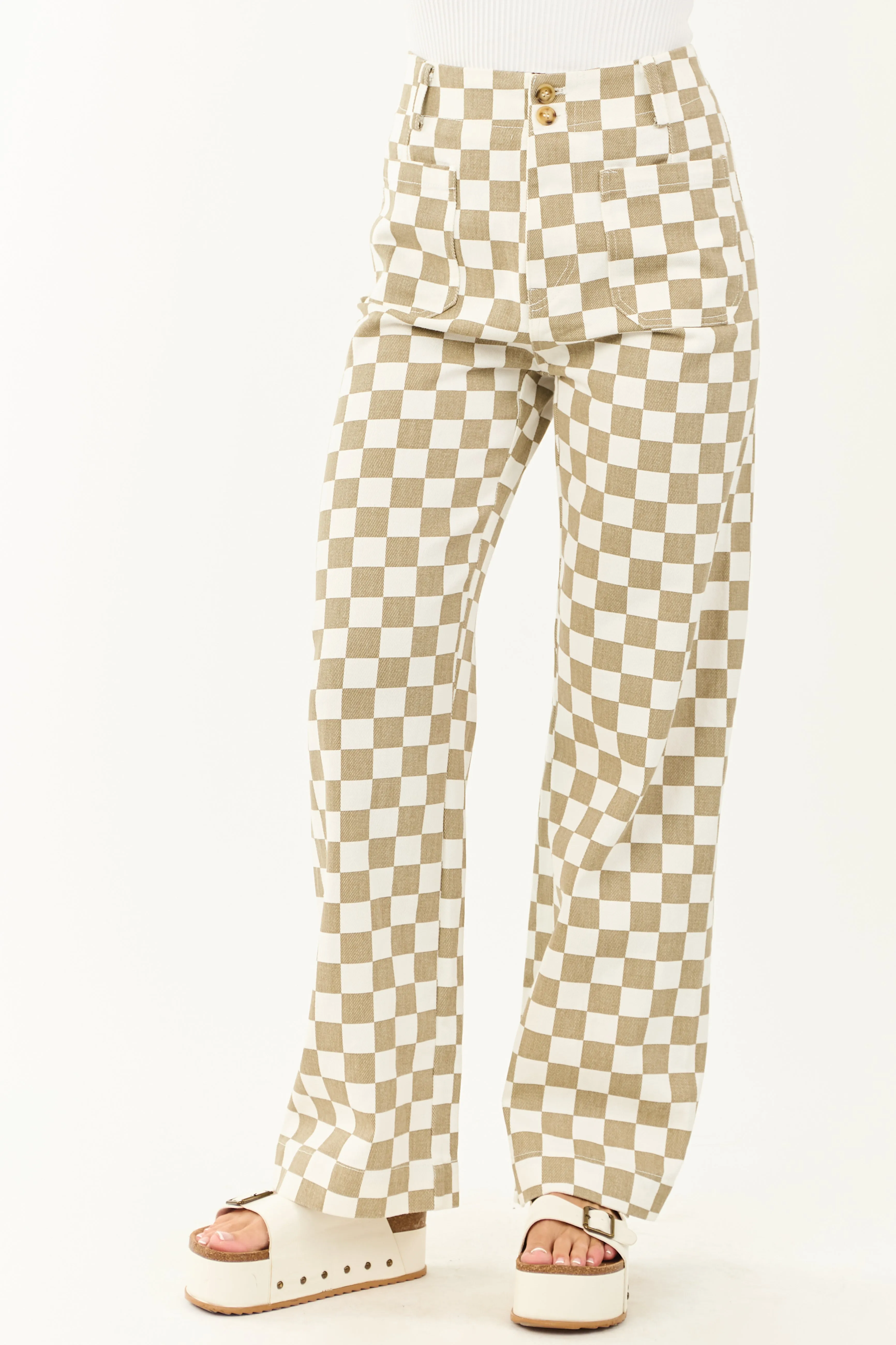 Olive and Ivory Checkered Denim Wide Leg Pants sold by Lime Lush product image thumbnail 2