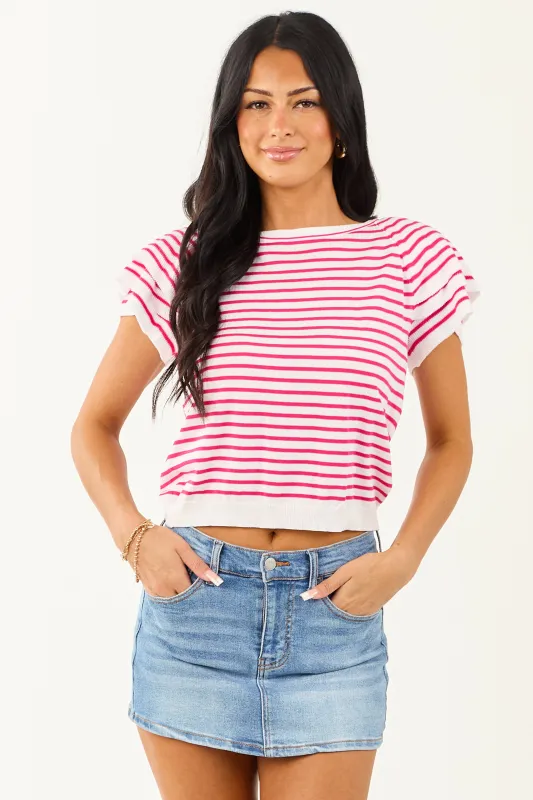 Off White and Raspberry Striped Short Sleeve Top sold by Lime Lush