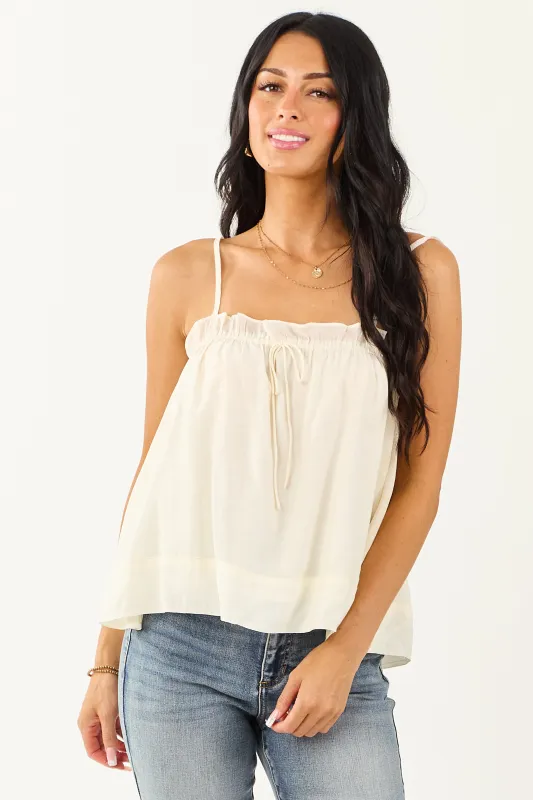 Cream Square Neck Ruffle Trim Tank Top sold by Lime Lush