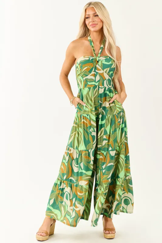 Kiwi Tropical Print Halter Front Tie Jumpsuit sold by Lime Lush
