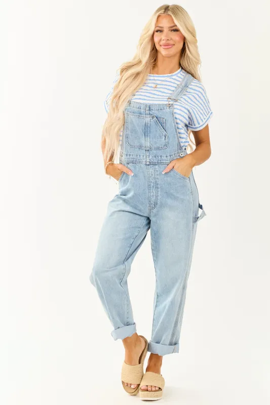 Mica Denim Light Wash Utility Straight Leg Overalls sold by Lime Lush