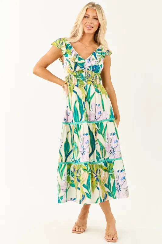 Ivory Tropical Print Smocked Lace Tiered Midi Dress sold by Lime Lush