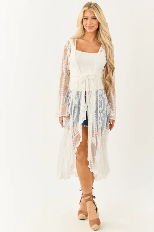 Ivory Lace Waist Tie Flare Sleeve Duster Cardigan sold by Lime Lush