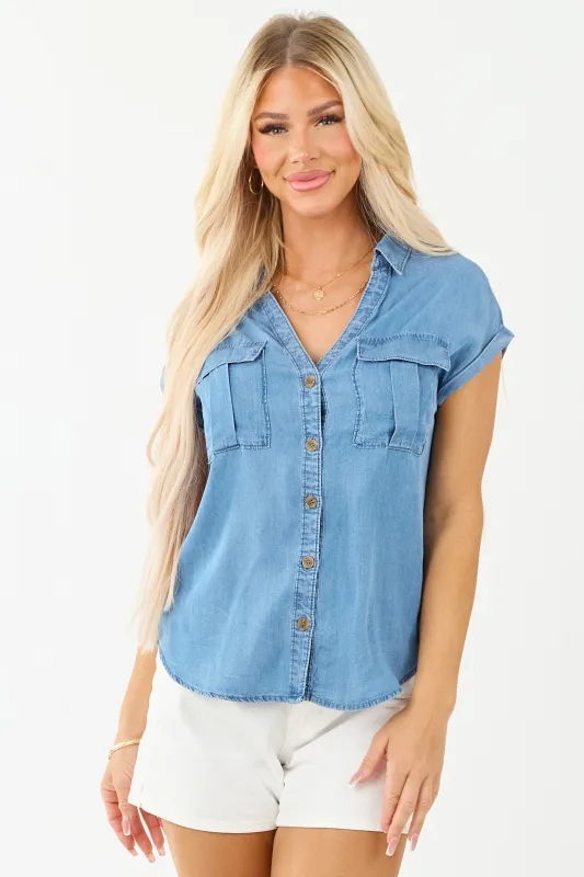 Medium Wash Chambray Denim Button Up Top sold by Lime Lush