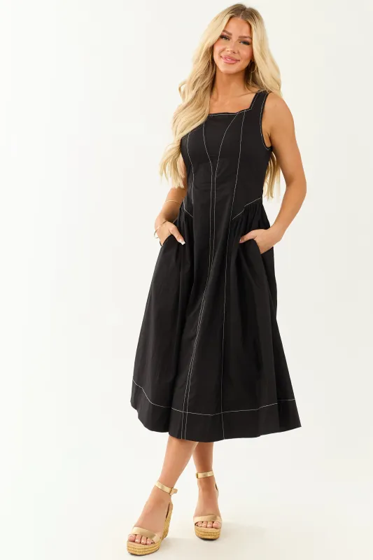 Entro Black Contrast Stitch Cotton Midi Dress sold by Lime Lush