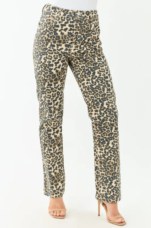 Cream Leopard Print Straight Leg High Rise Jeans sold by Lime Lush
