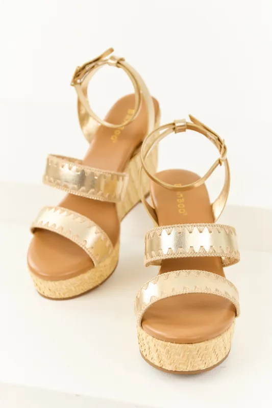 Gold Strappy Open Round Toe Raffia Platform Wedges sold by Lime Lush