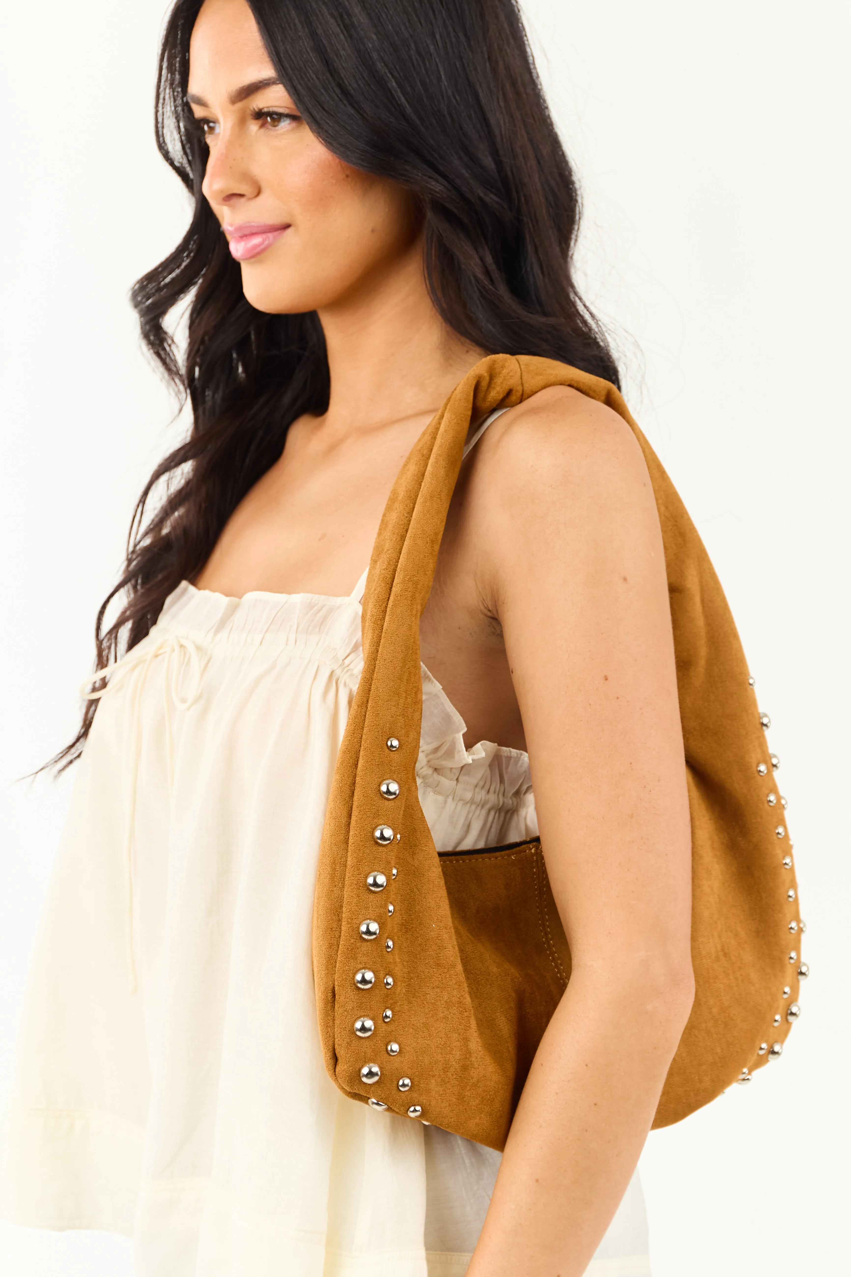 Caramel Faux Suede Metallic Studded Handbag sold by Lime Lush