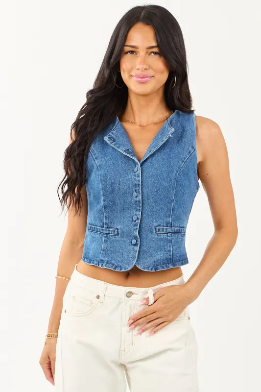 Medium Wash Princess Seam Button Up Denim Vest sold by Lime Lush