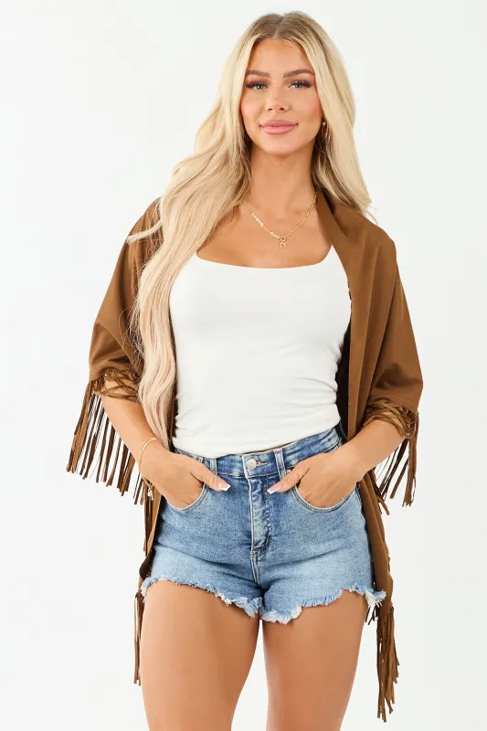Sepia Faux Suede Boho Fringe Shawl sold by Lime Lush