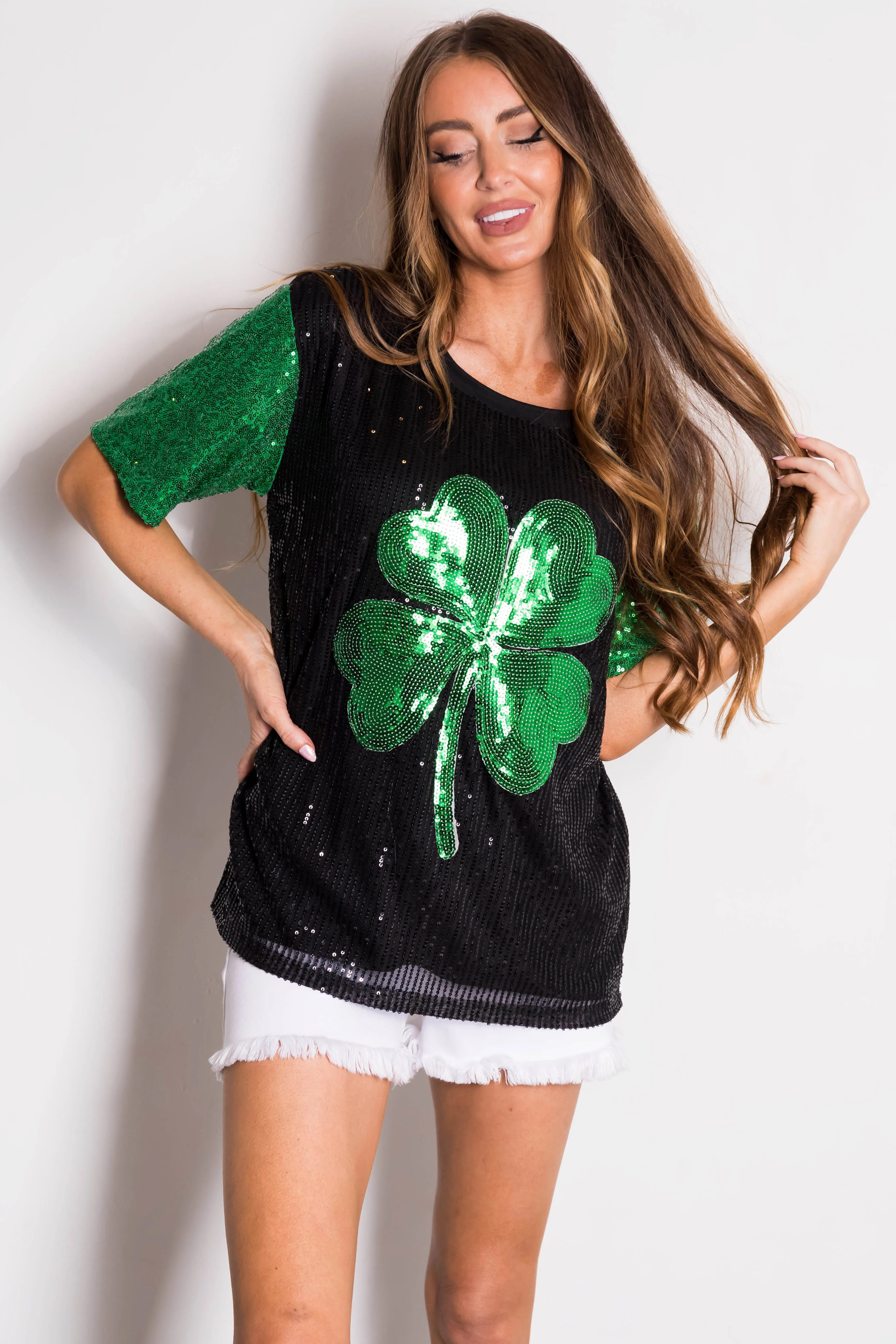 Black Sequined Clover Graphic Half Sleeve Top sold by Lime Lush product image thumbnail 2