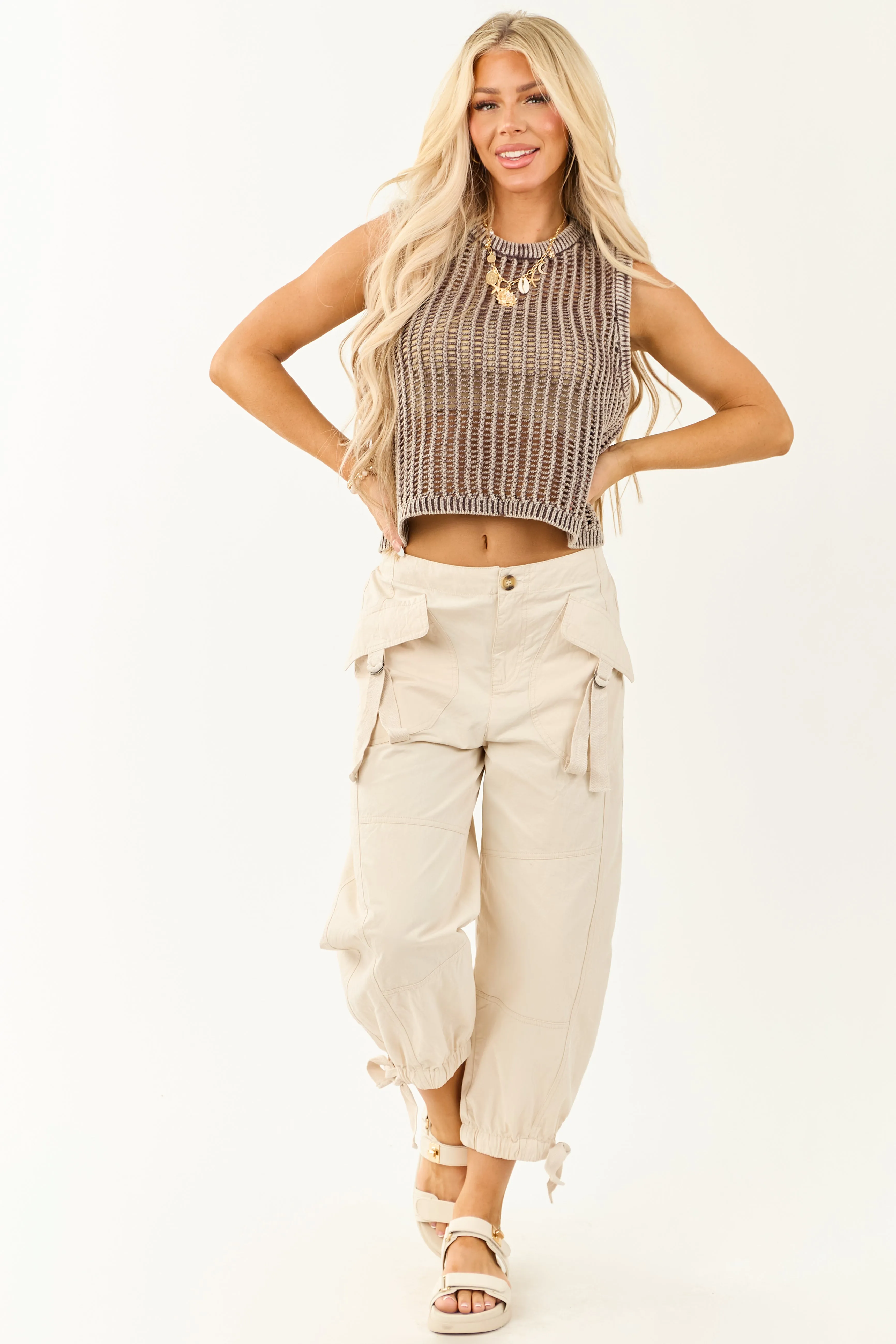 Mocha Acid Wash Open Knit Cropped Tank Top sold by Lime Lush product image thumbnail 2