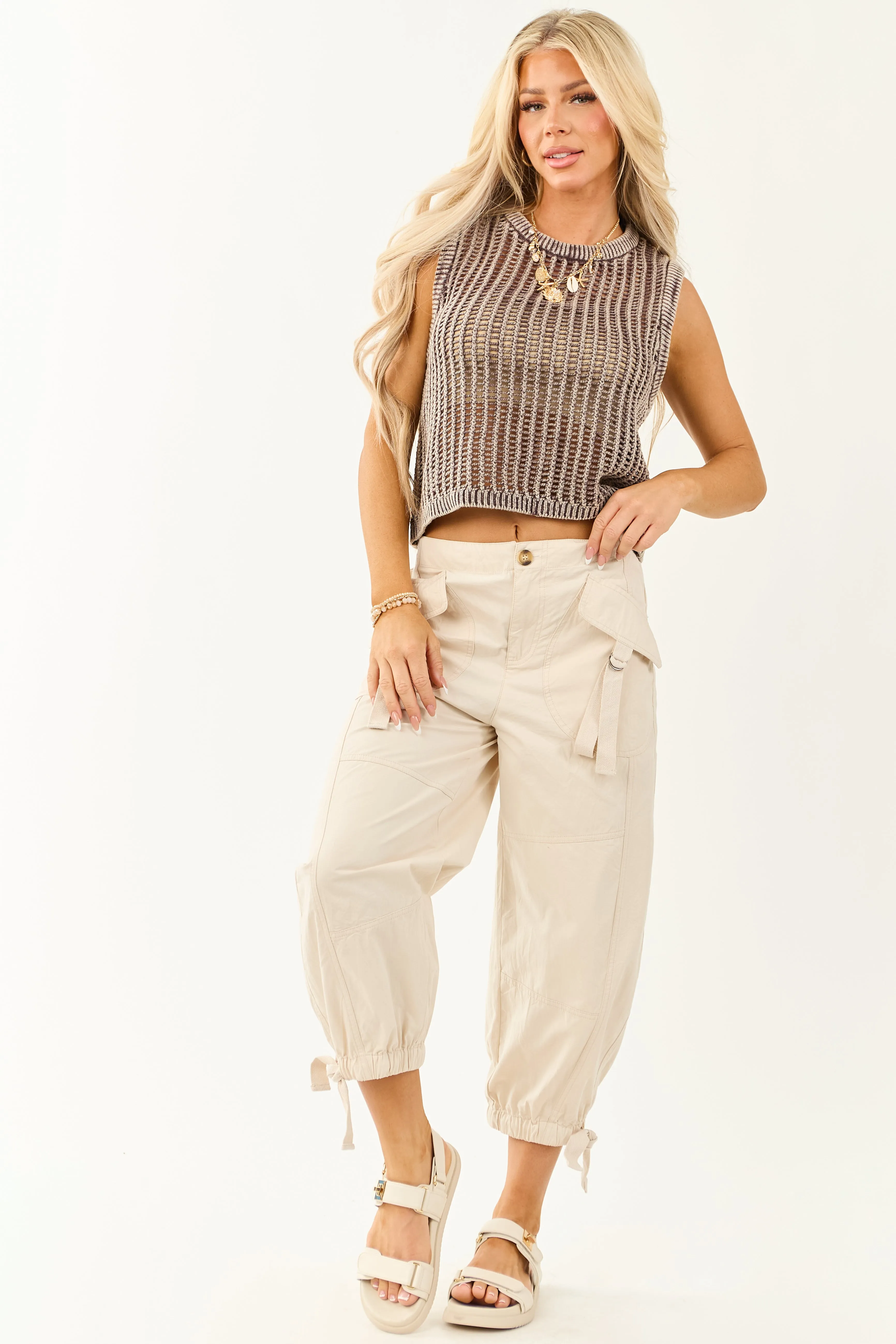 Mocha Acid Wash Open Knit Cropped Tank Top sold by Lime Lush product image thumbnail 3