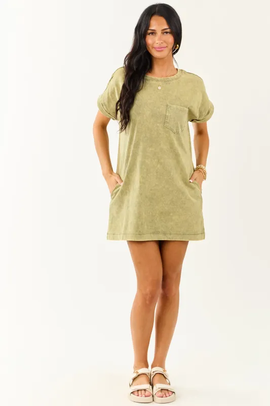 Olive Vintage Wash Short Sleeve Mini Dress sold by Lime Lush