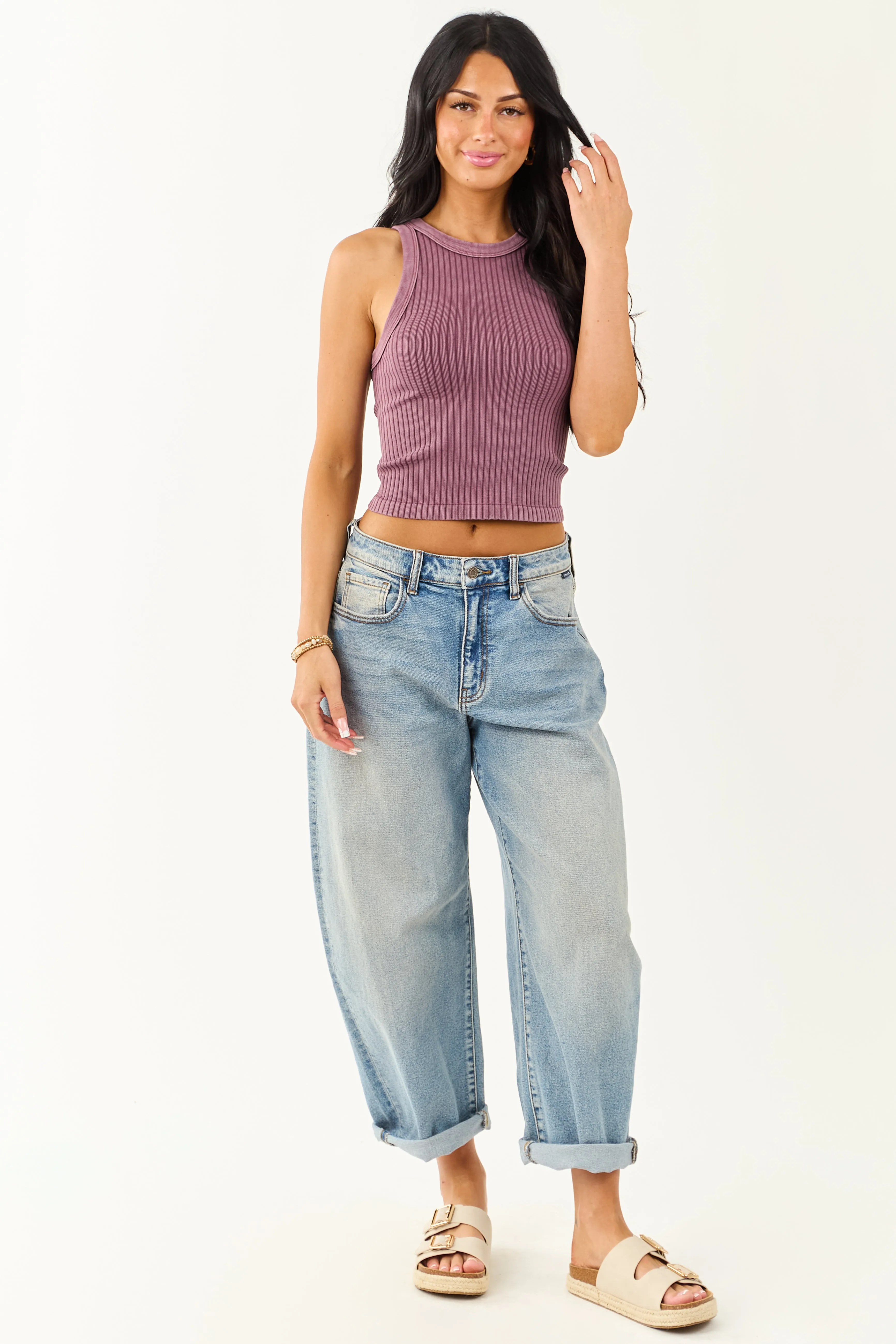 Plum Ribbed Stretchy Knit Washed Tank Top sold by Lime Lush product image thumbnail 3