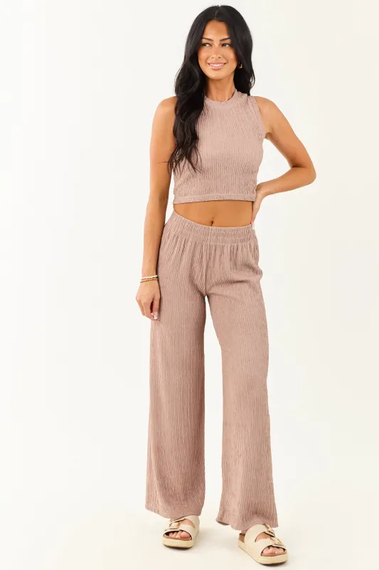 Rose Taupe Crinkled Sleeveless Crop Top and Pants Set sold by Lime Lush