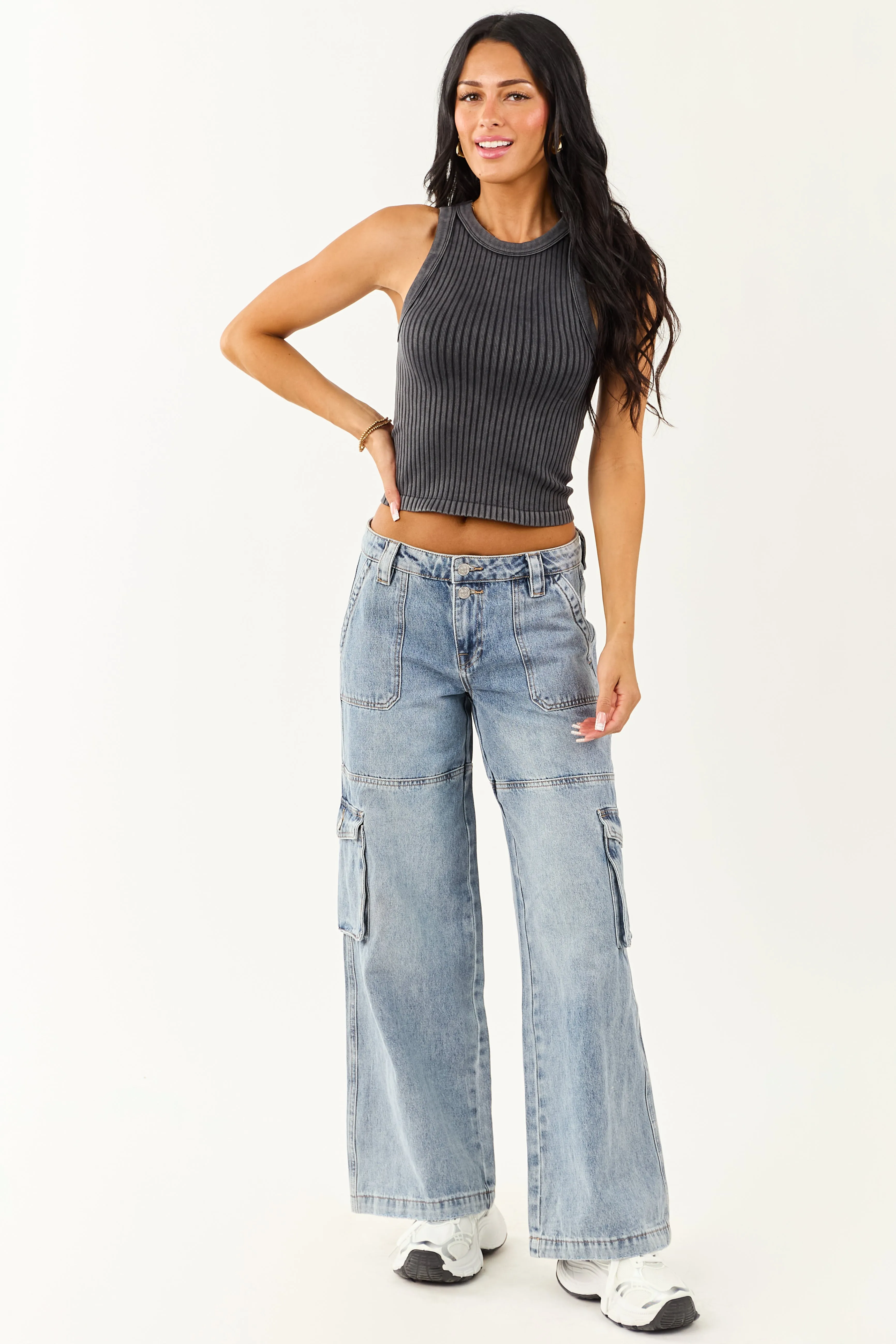 Charcoal Ribbed Stretchy Knit Washed Tank Top sold by Lime Lush product image thumbnail 2