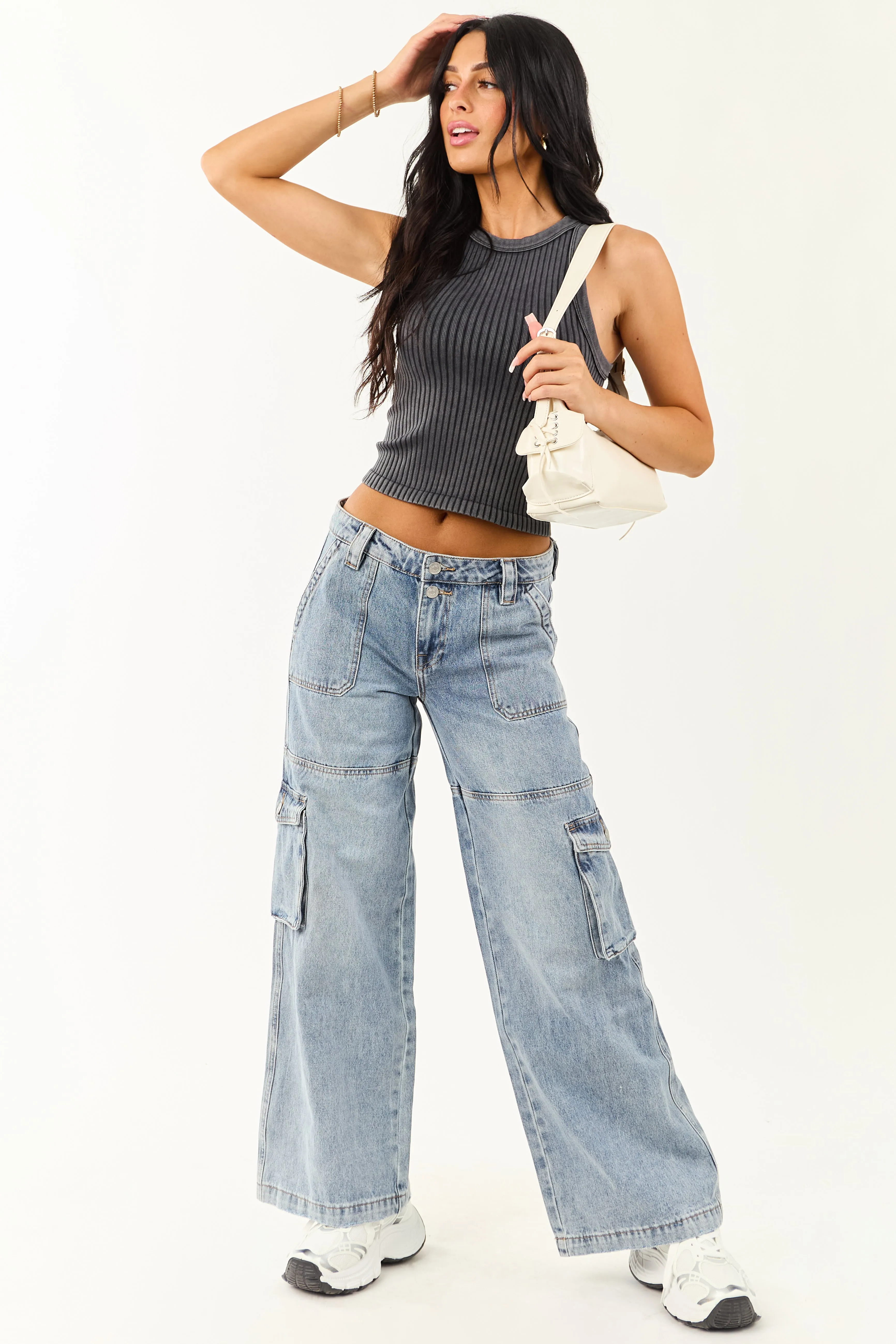 Charcoal Ribbed Stretchy Knit Washed Tank Top sold by Lime Lush product image thumbnail 4