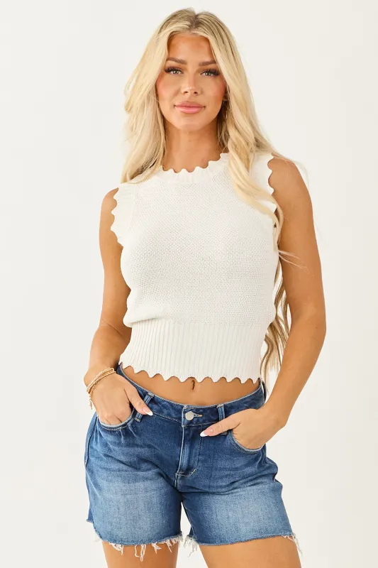 Off White Knit Scalloped Detail Tank Top sold by Lime Lush