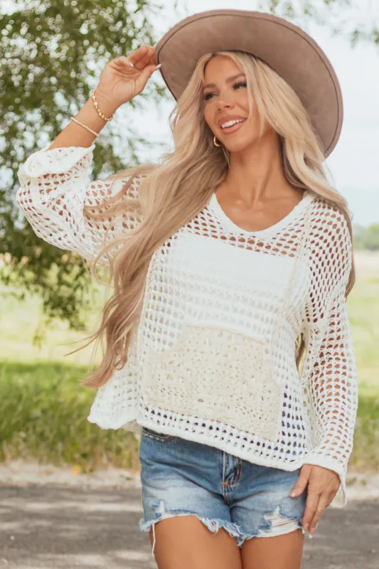 POL Cream Hooded Open Knit Long Sleeve Top sold by Lime Lush