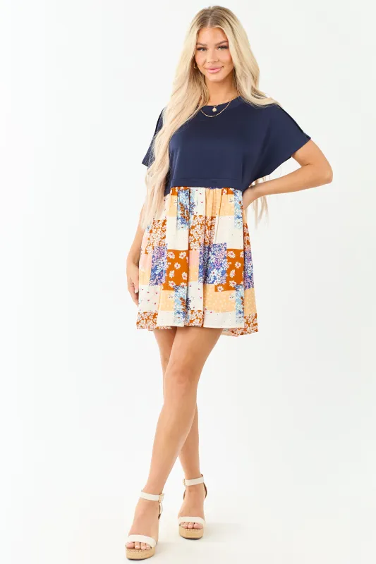 Navy Patchwork Skirt Contrast Knit Mini Dress sold by Lime Lush