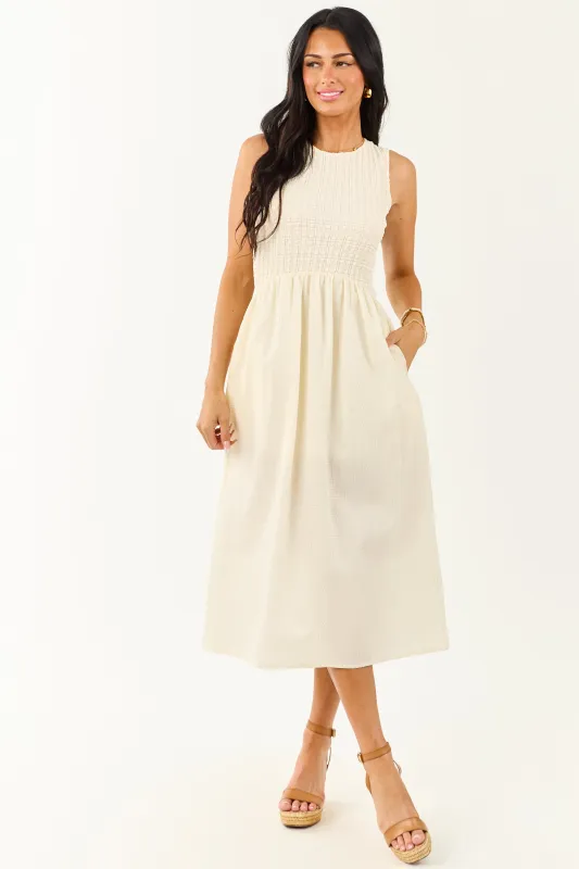 Cream Textured Bodice Contrast Skirt Midi Dress sold by Lime Lush