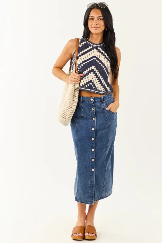 Medium Wash Button Down Denim Midi Skirt sold by Lime Lush