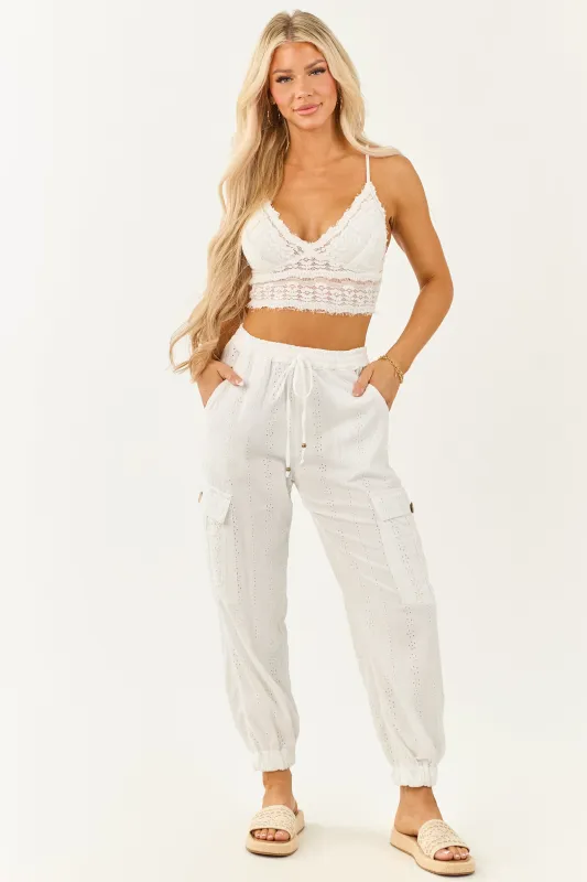 White Eyelet Lace Drawstring Cargo Jogger Pants sold by Lime Lush