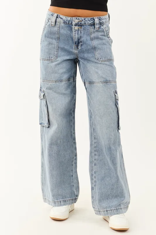 Mica Denim Medium Wash Cargo Wide Leg Jeans made by Mica Denim