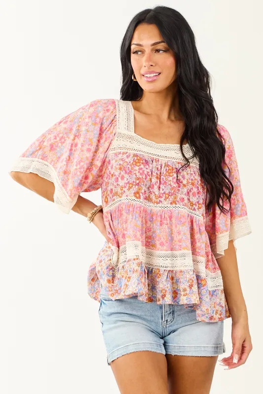 Fuchsia Floral Print Lace Trim Half Sleeve Top made by Angie