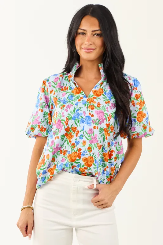 Powder Blue Floral Print Bubble Sleeve Cotton Top sold by Lime Lush