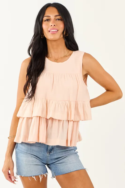 Peach Round Neck Tiered Ruffle Tank Top sold by Lime Lush