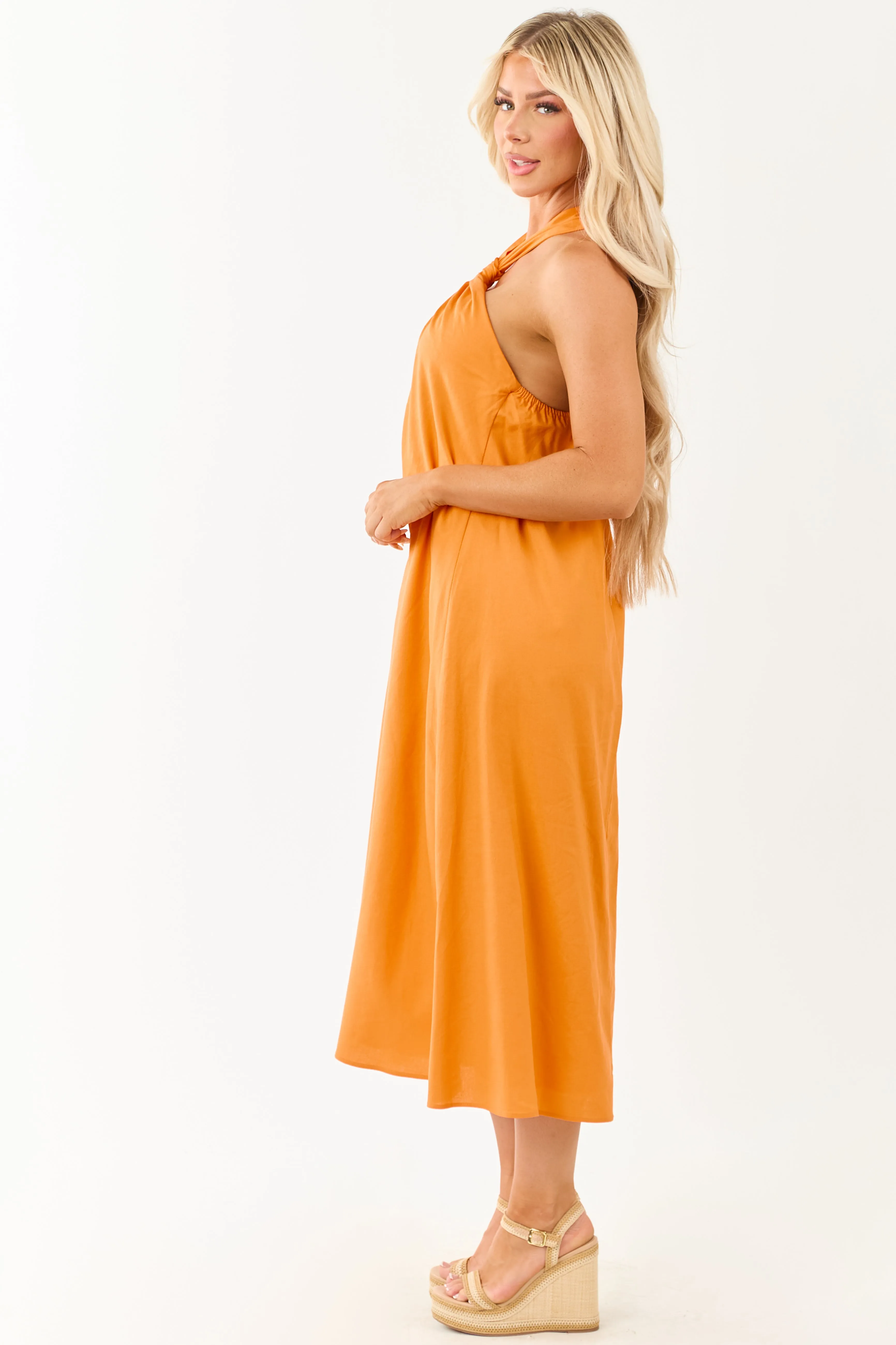Tangerine Halter Knot Tie Linen Blend Midi Dress sold by Lime Lush product image thumbnail 4