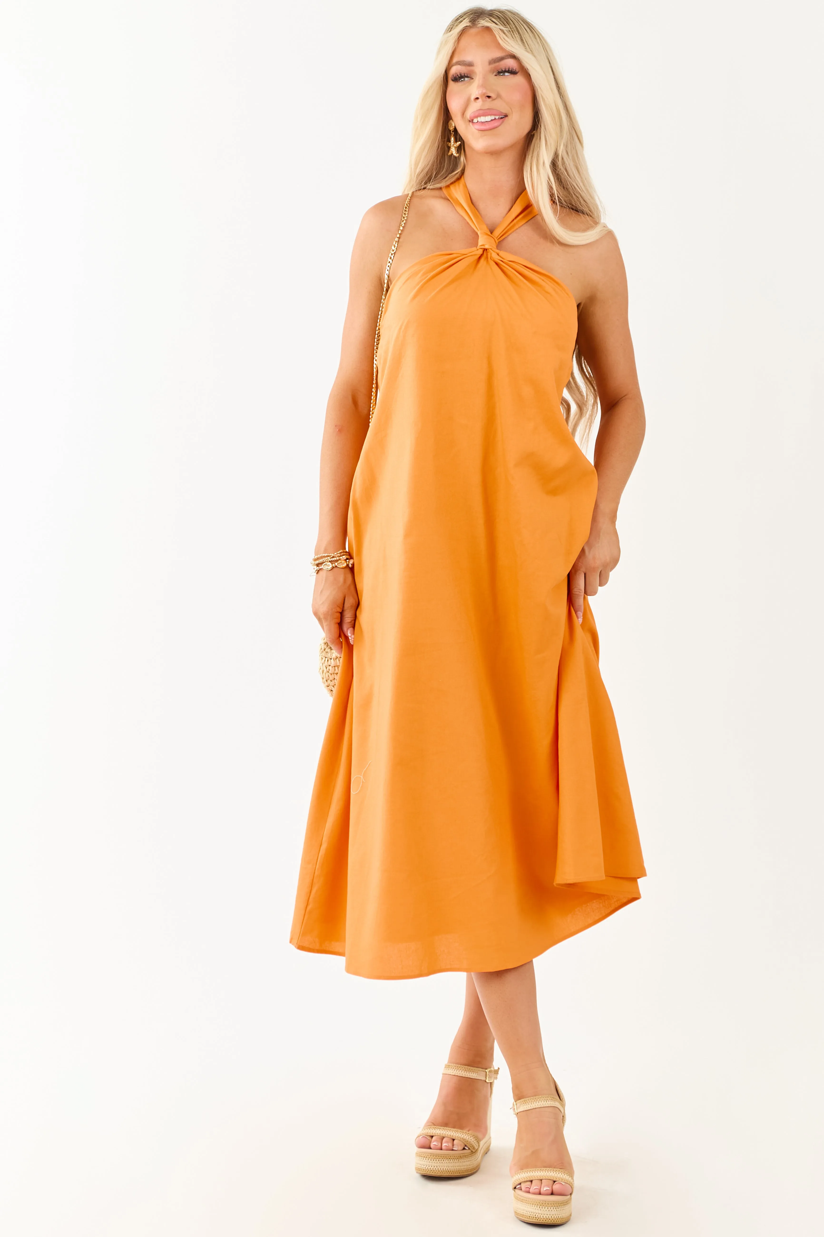 Tangerine Halter Knot Tie Linen Blend Midi Dress sold by Lime Lush product image thumbnail 2