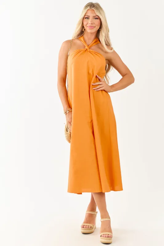 Tangerine Halter Knot Tie Linen Blend Midi Dress sold by Lime Lush