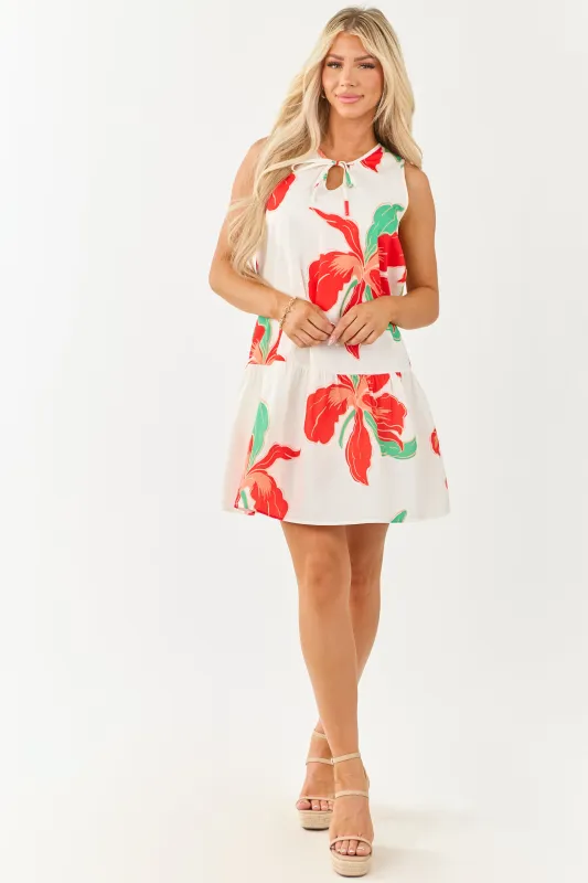 Ivory and Scarlet Tropical Print Tent Style Mini Dress sold by Lime Lush