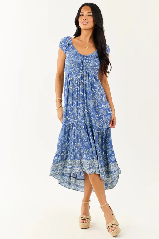 Dusty Blue Smocked Bust Floral Cap Sleeve Midi Dress sold by Lime Lush