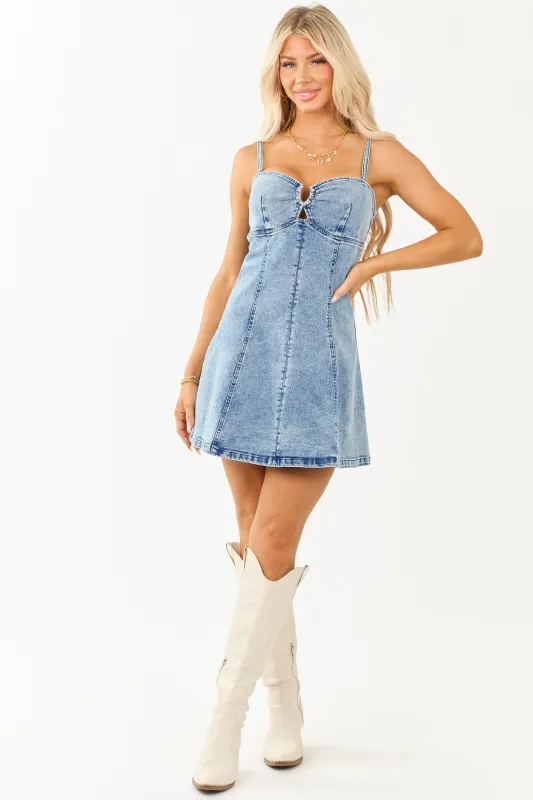 Medium Mineral Wash Horseshoe Notch Denim Mini Dress sold by Lime Lush