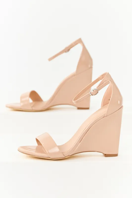 Champagne Faux Leather Ankle Strap Wedges sold by Lime Lush