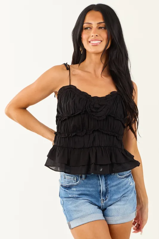Black Ruffle Floral Detail Sleeveless Tank Top sold by Lime Lush