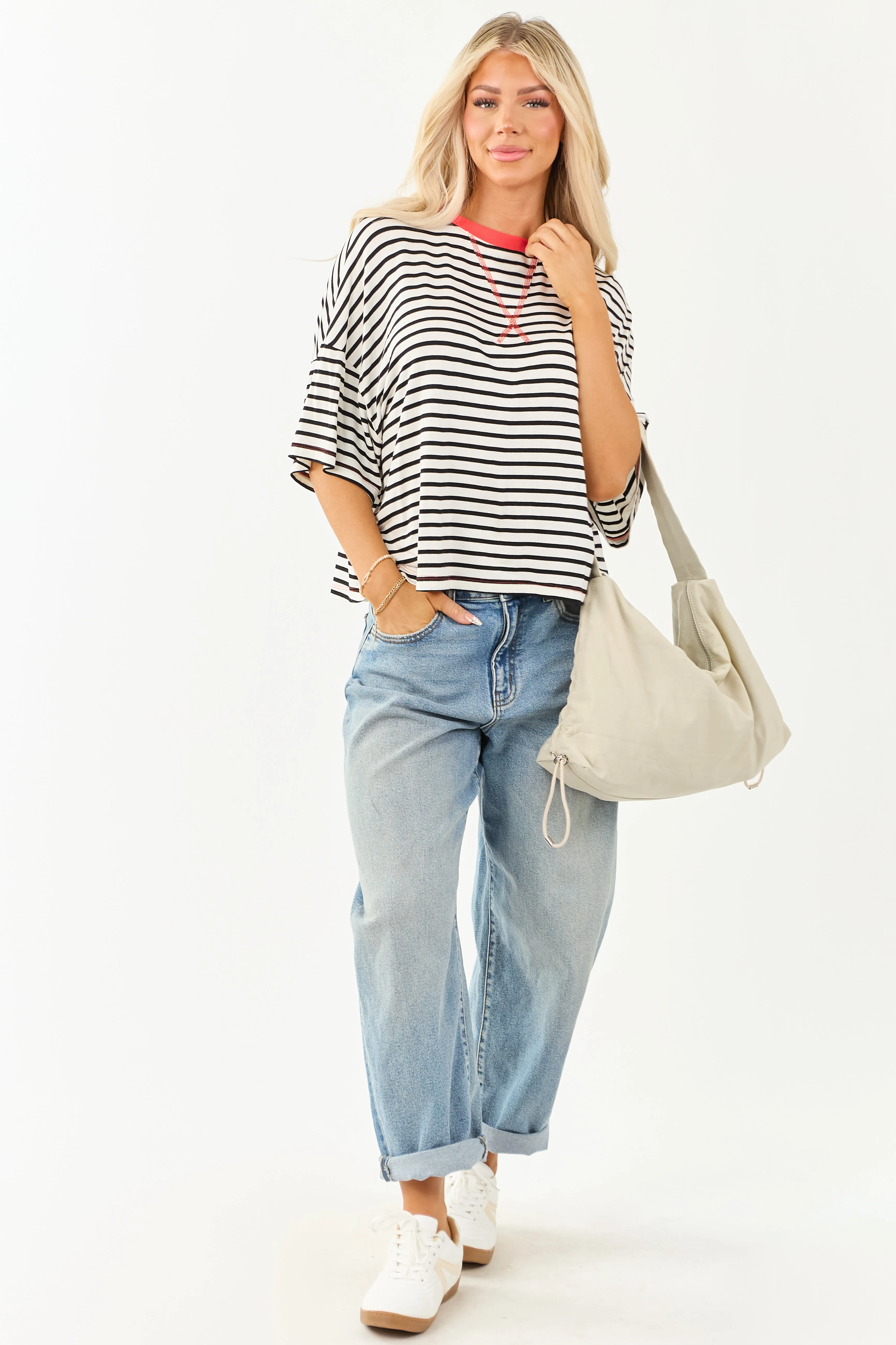 Ivory and Crimson Striped Half Sleeve Top sold by Lime Lush product image thumbnail 3